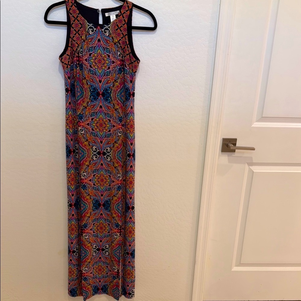 London Times Orange Blue Sleeveless Sheath Maxi Dress sleeveless, 4p size